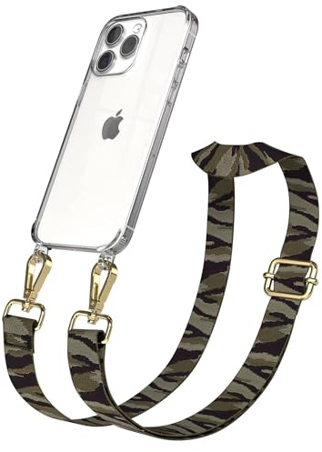 EAZY CASE Handykette - Verstellbares Taschenband kompatibel mit iPhone 15 Pro Max, Schulterriemen, Handykordel mit Silikon Hülle, Umhängetasche, Grün Camouflage Gold