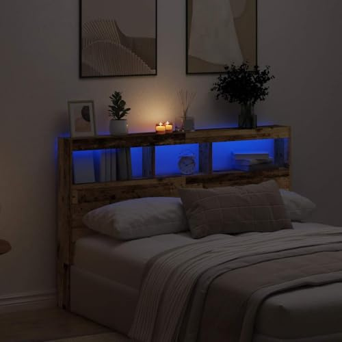 Runheo LED-Kopfteil mit Ablagen, Altholz-Optik, 160x17x102 cm, Holzwerkstoff, RGB-Beleuchtung, Wandmontage, Stauraum für Schlafzimmer