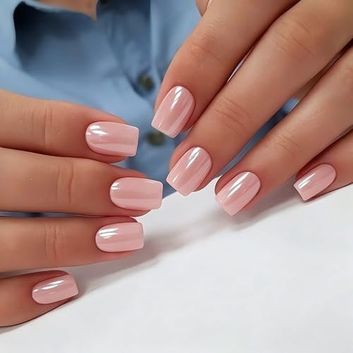 KQueenest Chrome Peach Pink Press on Nails Short Square, Glazed Short False Nails with Sparkle Mirror Design, Shiny Glitter Fake Nails Press ons, Cute Artificial Nail for Fingernail 30 Pcs