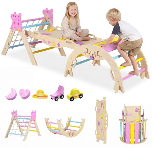 COSTWAY Klettergerüst Indoor 3er Set, klappbares Kletterdreieck Einhorn | mit Kletterbogen, Netz, inkl. doppelseitige Rampe, Baustein Set & 2 Autos, Sprossendreieck Holz für Kinder ab 3 Jahr