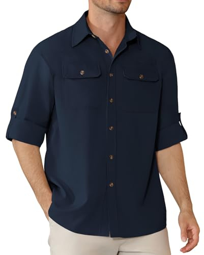 Focixfor Men's Long Sleeve Safari Hiking Shirt Button-Down Quick Drying Fishing Breathable Outdoor Shirts