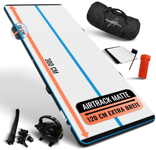 AthleticPro Airtrack Matte [3m/4m/5m Lang] - 120cm Extra Breit - 10/20cm Höhe - Aufblasbare Turnmatte für Bodenturnen & Akrobatik inkl. elektrischer Pumpe, Reparaturset & Tasche
