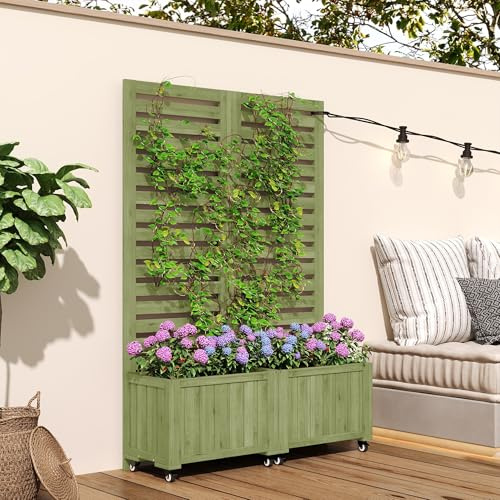 RAPRAP Jardinière Avec Treillis, Bac À Fleurs Avec Brise-Vue, Pot De Fleurs Avec Treillis, Jardinière En Bois, Bac Surélevé Pour Balcon Ou Terrasse, Treillis De Jardin Pour Plantes Grimpantes,Vert