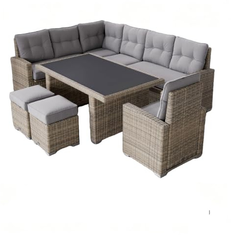 Ragnarök-Möbeldesign Dining Lounge Gartenmöbel PolyRattan – Hohe Sitzgruppe mit Tisch & schwarzer Glasplatte – Naturfarben halbrund – Graue Kissen – Deutscher Hersteller