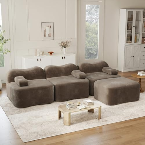 Modulares Sofa L-Form mit Hocker, 3-Sitzer Couch Wohnzimmer aus Samt, Rahmenloses Boneless Sofa mit Tiefer Sitzfläche, Ergonomische Wellenform, Modernes Ecksofa für Apartment, 288x167x70cm,Braun