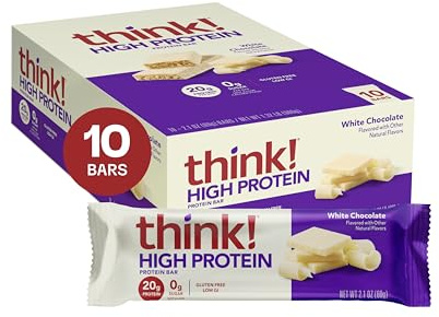 think! Protein Bars, High Protein Snacks, Gluten Free, Kosher Friendly, White Chocolate, Nutrition Bars, 2.1 Oz per Bar, 10 Count (Packaging May Vary)