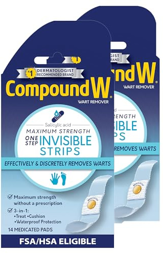 Compound W Maximum Strength One Step Wart Remover Strips with Salicylic Acid, Waterproof Wart Removal Bandages, 14 Count, Pack of 2