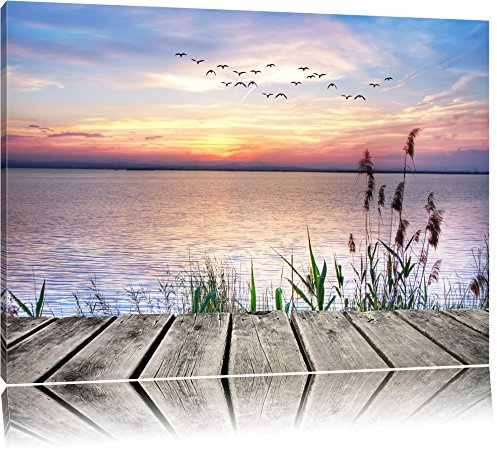 Pixxprint Steg mit Ausblick aufs Meer, Größe: 100x70cm, Leinwandbild, fertig gespannt, Wandbild, Dekoration, Kunstdruck, kein Poster