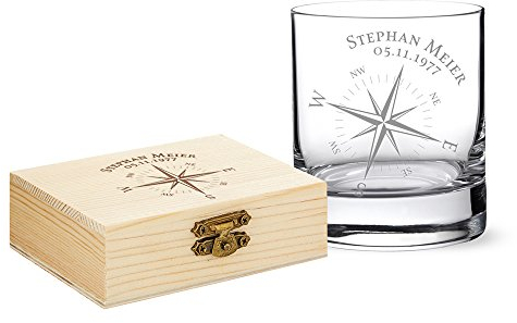 AMAVEL Set de Dégustation de 2 Pièces Personnalisées, Verre Tumbler à Whisky et 9 Glaçons Réutilisables en Granit, Gravure Nom et Date Rose des Vents