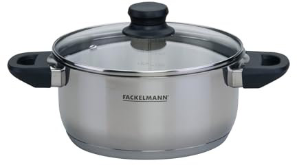 Fackelmann Geneva Olla Baja 20 x 9,5 cm, Capacidad 2,8 Litros, Cazo de Acero Inoxidable con Núcleo de Aluminio, Tapa de Vidrio, Resistente a Corrosión y Fácil de Limpiar