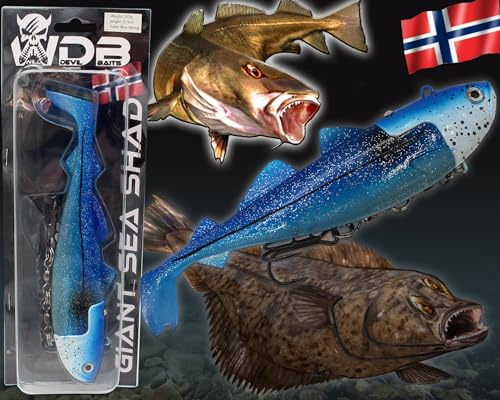 Angel-Berger Wild Devil Baits Giant Sea Shad Heilbutt Seelachs Köder Meeresangeln (Blue Hering, 333g / 21,5cm)