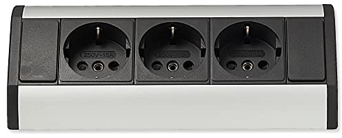 Möbel-Steckdose 3-fach in silber/schwarz - Steckdosenleiste hochwertige aus Aluminium ideal als Ecksteckdose Tischsteckdose oder Unterbausteckdose Mehrfachsteckdose Küchensteckdose Einbausteckdose
