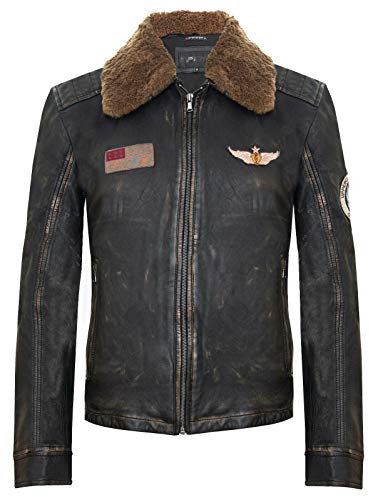 Men's Vintage Distressed Black Leather Bomber Pilot Jacket Flying US Air Force Detachable Collar L