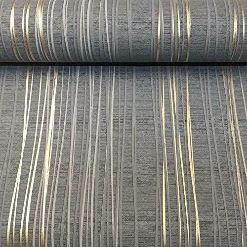 SOPHIE LAURENCE Metallic Stripe Textured Blown Vinyl Charcoal Grey Gold Wallpaper (10m x 0.53m)