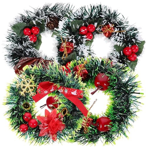 Happyyami 4pcs Mini Christmas Pine Wreaths Artificial Garland for Wall Door Window Decor Mixed Styles for Home Holiday Celebration