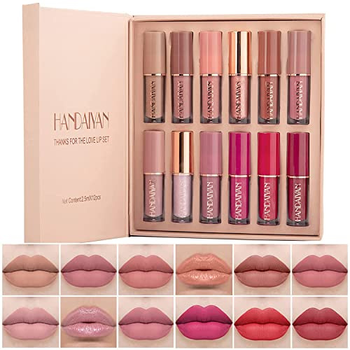 12 Colors Matte & Glossy Liquid Lipstick Set – Book Style Gift Kit for Women & Girls – Long Lasting Waterproof Lip Gloss with Nude, Pink, Red Shades, Non-Sticky, Transfer-Proof Lip Stain (Set A)