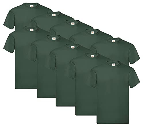 Fruit of the Loom Camiseta original para hombre (10 unidades), 10 x verde botella + 1 bloc de notas de compra Hl, XXXL