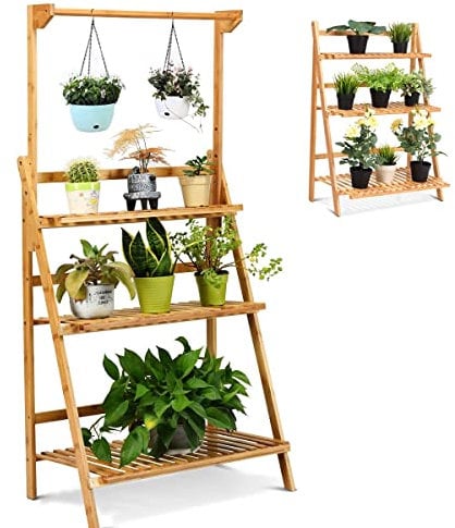 RELAX4LIFE Scaffale Vertificale Porta Piante in Bambù, Scaffale Pieghevole Portafiori a Scala 3 Strati, Naturale, 70 x 40 x 120 -144 cm, Portata di 75 KG