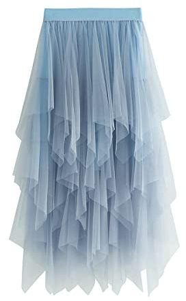 Damen Rock Tüll Unregelmäßig Unterrock Lagenrock Ballett Tutu Abschlussball Party Faltenkleid A-Linie Midirock High Waisted Rock (Blau, Einheitsgröße)