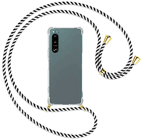 mtb more energy® Handykette kompatibel mit Sony Xperia 5 IV - Black & White/Gold - Smartphone Hülle zum Umhängen - Anti Shock Full TPU Case