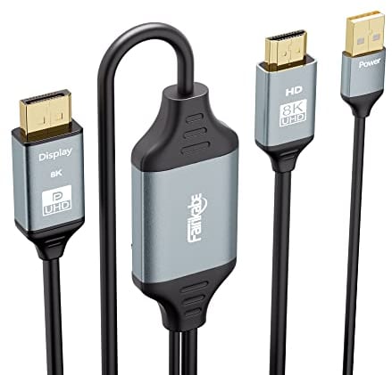 8K HDMI auf Displayport Kabel, USB betrieben, für Xbox Series X, PS4, PS5, PS4 Pro, HDMI 2.1 Quelle auf Display Port 1.4 Adapterkabel 6,6 Fuß, Unidirektionaler HDMI-Stecker auf DP-Stecker