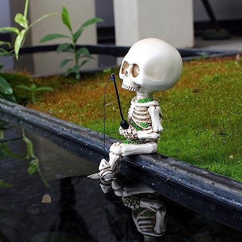 CHENRI Fishing Skeleton Garden Accessory, Angeln Skelett Statue Halloween Dekorationen, Kreative Ornamente, Halloween Mini Skelett Figuren Statue Dekor, Angeln Skelett Garten Zubehör für Garten Teich