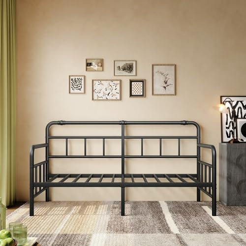 Sementa Daybed-Frame, Twin-Daybed with Classic-Headboard - Heavy Duty Steel Slats,Metal Sofa Bed Frame for Living Room Bedroom Guest Room, Easy Assembly(Black)