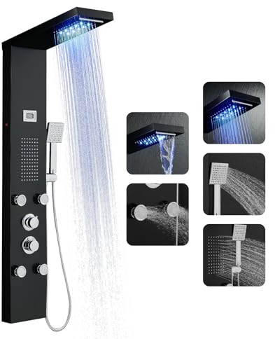 OUGOO Pannello doccia a LED con rubinetto, funzione pioggia e cascata, pannelli doccia completi di 2 tipi di ugelli massaggianti, display temperatura e doccetta, acciaio inox nero