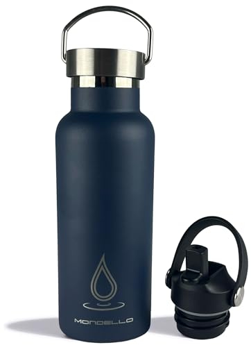 Mondello Stainless Steel Drinks Bottle (Navy, 500ml) Ideal Travel Water Bottle Including Flex Straw Cap. Hot and Cold Drinks - BPA Free