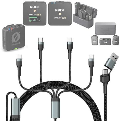 Betschkim 4-in-2 USB C Cable Replacement for DJI Mic 2, Mic, Rode Wireless Go II Microphone System, 3A Fast Nylon Braided Charging Cord with 4 Type-C Plugs - 5FT