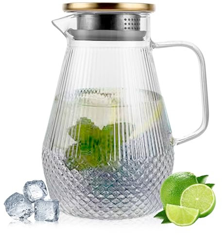 LDXDRU Carafe en verre avec couvercle, carafe en verre avec couvercle, carafe en verre pour lait, boissons, jus de fruits, thé glacé, boissons maison (1, 1,5 l)