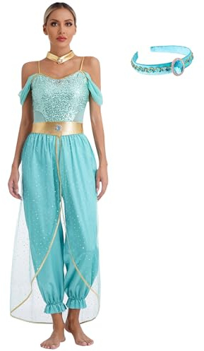 iiniim Damen Bauchtanz Kostüm Bauchtänzerin Orientalische Indische Verkleidung mit Haarreif Halloween Karneval Fasching Party Tanzkleidung A Türkis XXL