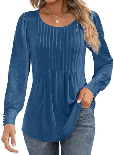 Cuptacc Langarmshirt Damen Runhals Plissee Tunika Damen Puffarmel Mit Knopf Herbst Shirt Elegant Blau XL 46-48