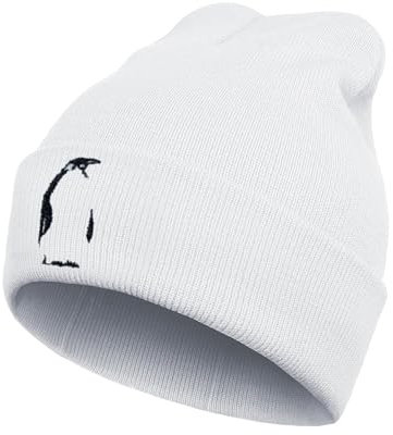 Ozrhuve Niedliche Beanie-Mütze für Damen, Strickmütze, Bestickt, mit Manschetten, Totenkopfmütze, Halloween, Weihnachten, Geburtstag, Pinguin-Stickerei, weiß, Einheitsgre