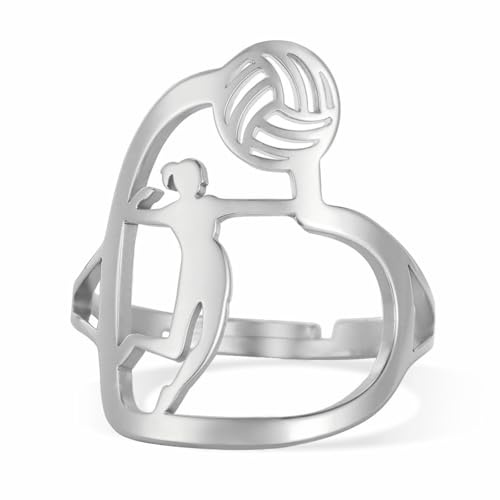 TEAMER Herz-Volleyballspieler-Ring Zierlicher Größenverstellbarer Volleyballring Modischer Sportballschmuck aus Edelstahl für Teamsportler Trainer Volleyballliebhaber