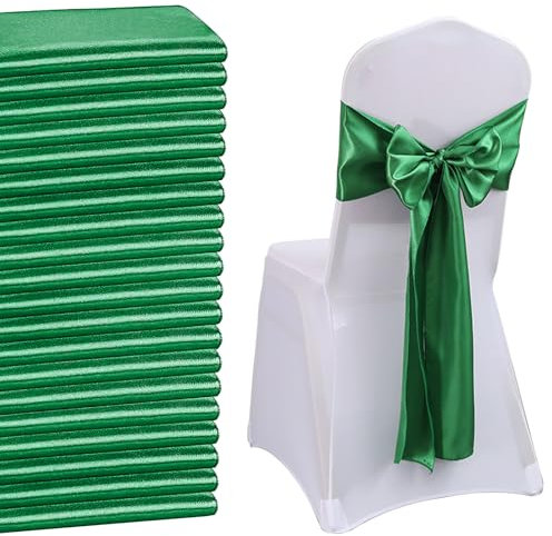 QeeFop 50 Stück Grün Satin Schärpe Hochzeit Stuhl Bogen, Elastische Stuhlschärpen Stuhl Schärpen für Hochzeitsdekoration Geburtstag Bankett Party Stuhl Dekoration (Grün)
