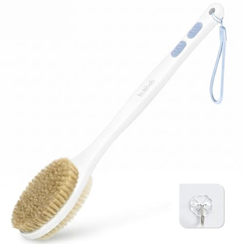 Bubbob Back Scrubber for Shower with Long Handle, Exfoliating Bath Brush for Body - Double Sided Bristles (Stiff & Soft), Anti-Slip Grip, Lightweight - Gift for Seniors, Includes Lanyard & Hook, Blue