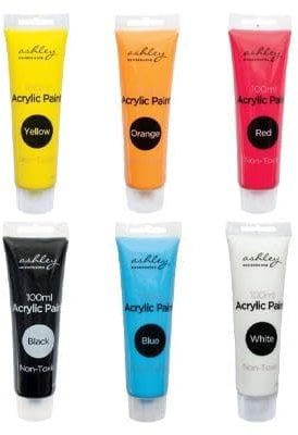 6pc Acrylic Paint Set - 100ml - 6 Colours - Professional Artist Art Craft Painting Supplies for Canvas Wood Glass Fabric Paper Clay Ceramic - By Ashley