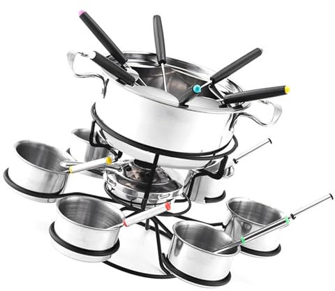 Kioriur Kit de Fondue de Queso Giratorio de 21 Piezas - Fondue de Queso en Olla pequeña, Olla de Fondue de Acero Inoxidable | Juegos de porcelana para queso con 6 tenedores y 6 tazones, juego de cocin