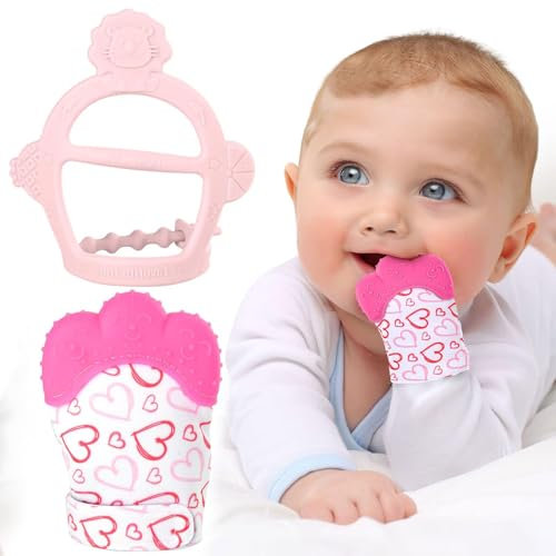 2pcs Baby Teething Set With Mitten, Chew Toy and Gel - Self-Soothing Glove to Prevent Finger Sucking for Boys and Girls - Pink