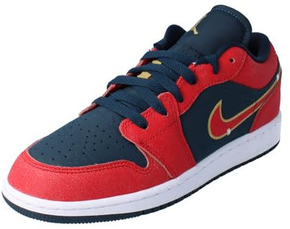 NIKE Air Jordan 1 Low SE GS Grade School Trainers Sneakers Fashion Shoes FQ7380 (Armoury Navy/Metallic Gold/Sport Red 400) Size UK5 (EU38)