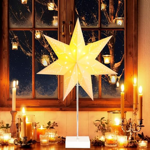 Nexoria Weihnachtsstern Beleuchtet Stehend, 67CM LED Weihnachtsstern mit Ständer Papierstern Weihnachten Beleuchtet Tischlampe Led Stern Stehend Weihnachtsbeleuchtung Stern Lampe für Tischdeko (B)