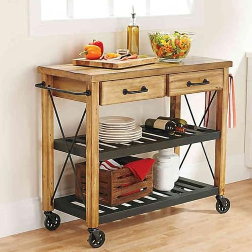 Carrito de cocina de estilo industrial con ruedas, barra de café con almacenamiento, moderno estilo rústico de madera y metal, soporte para microondas, isla sobre ruedas, pequeña isla de cocina