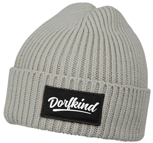 MoonWorks® Herren Beanie mit Patch Strickmütze mit Spruch Dorfkind Aufdruck Lustig Mütze Männer Grau Unisize