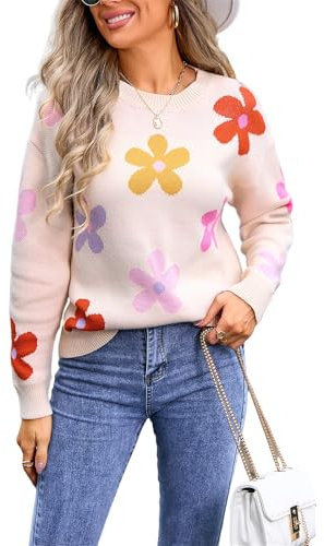 HEYPORK Damen Herbst Winter Warm Bequem Pullover Casual Mode Strickjacke Strickpullover Frauen Floraler Strickpullover(Aprikose, L)