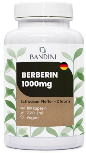 Bandini® Berberin 1000mg rein hochdosiert | 180 vegane Kapseln | Reines Berberin HCl aus Berberis Aristata 97% + Chrom und Schwarzer Pfeffer | Maximale Absorption | Verdauung, Leber, Darmfunktion