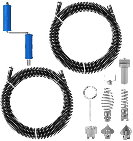 Kikcrrou 2 Sätze Rohrreinigungsspirale Spirale,5M Abflussreiniger Spirale,Spiraldurchmesser 13mm,Spirale Abfluss Rohrreinigung mit 8 Bohraufsatz und Manuellen Adaptern