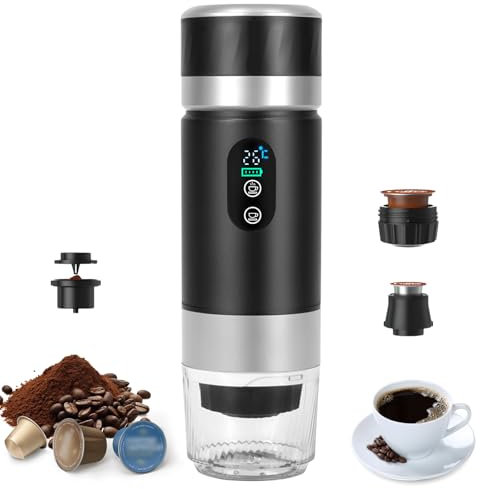 Bostar Máquina de Café Portátil, 3 en 1 Eléctrica Portátil Expreso Recargable Cafetera Espresso Pantalla Digital Temperatura para Cápsulas Pequeñas o Grandes y Café Molido para Oficina Viaje Camping