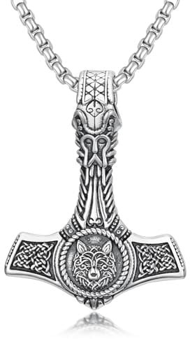 ROMANTICWORK Thors Hammer Kette 925 Sterling Silber Wikinger Wolf Anhänger Halskette Thors Hammer Schmuck Nordischer Schmuck Geschenke für Herren Damen