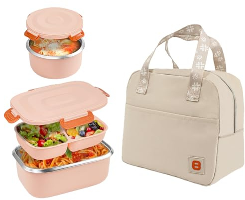 304 Stainless Steel Bento Lunch Box Set with Insulated Bag Soup Bowl, Pink